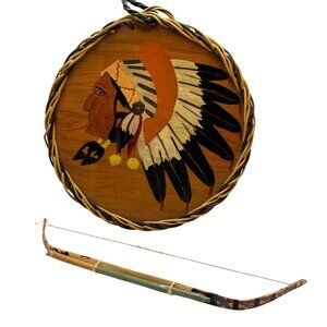 VTG Wall Art Native American Profile Headdress Bow Dwight Indian School Signed